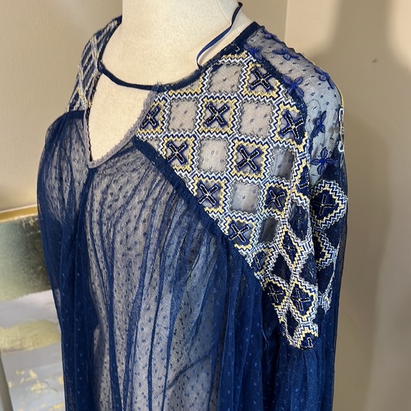 Free People Joyride Knit Sheer Lace Navy Blue Embroidered Top - Picture 10 of 14